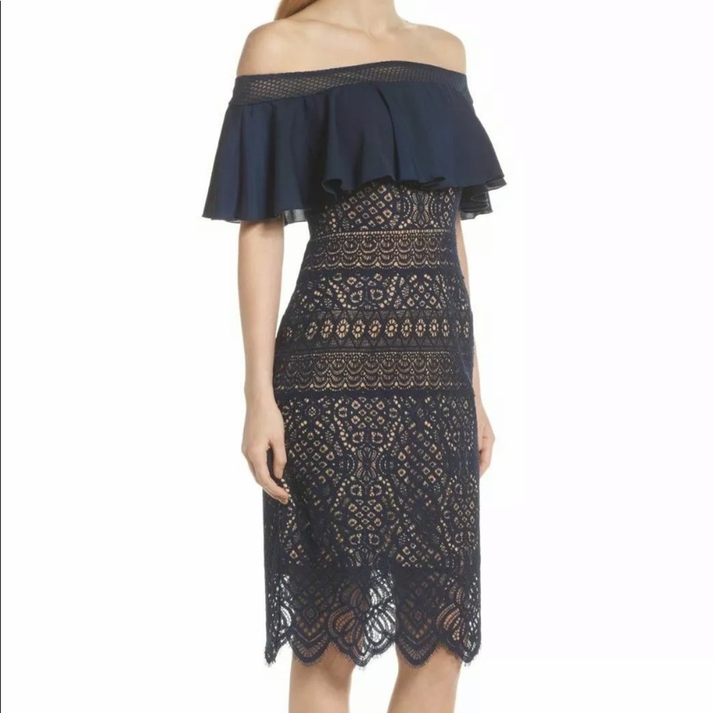 🚫 SOLD EBAY 🚫TADASHI SHOJI ALEXIA SHOULDER NAVY/NUDE SHEATH 10